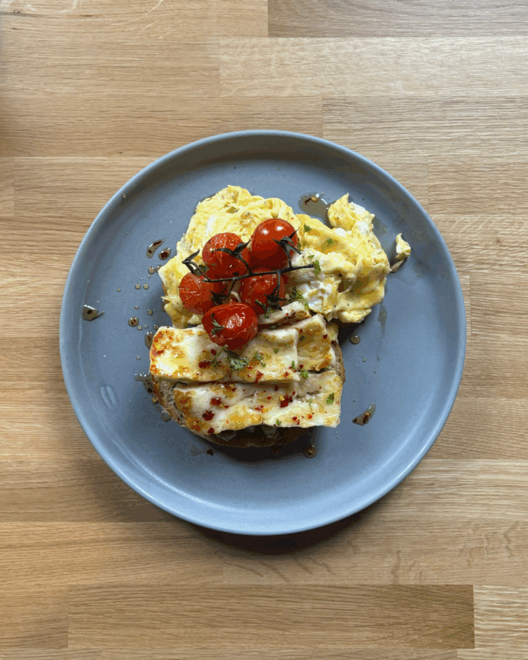 Fire & Drizzle Brunch with hot honey halloumi sourdough toast, scrambled egg, cherry tomatoes and avocado gourmmet grocer brunch